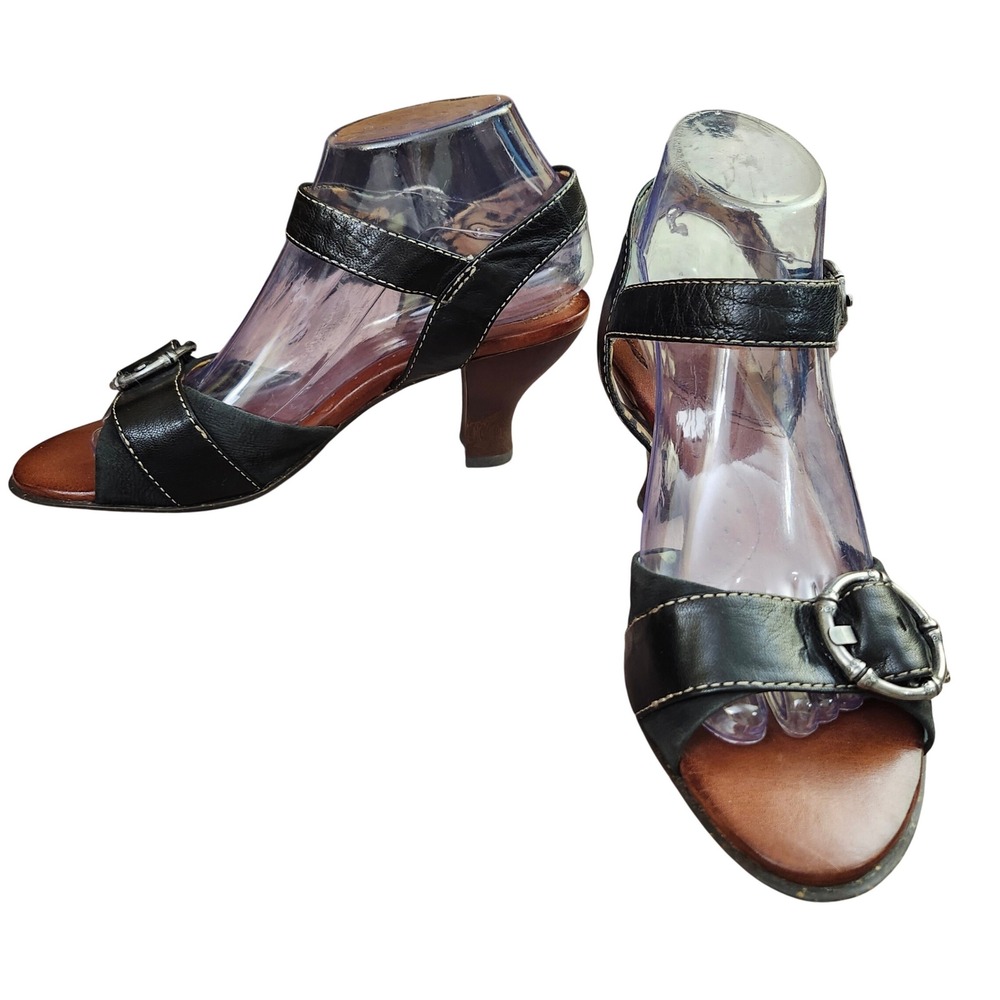 Naya Tawny Black Leather Bamboo Heel Sandals Buckle Strap 8M OfficeWear Comfort